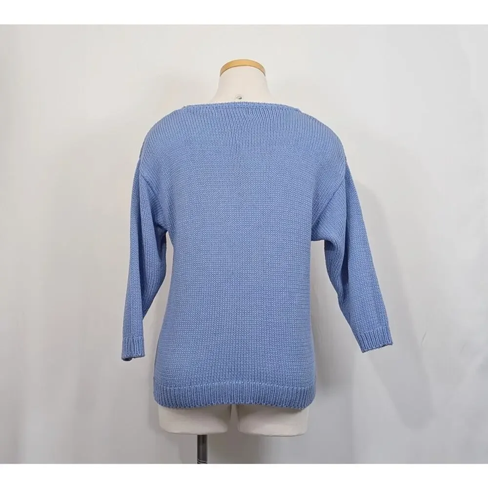 Vintage 80s Sweater Periwinkle Blue Floral Knit Hand Loomed Women's Size S - Picture 5 of 7